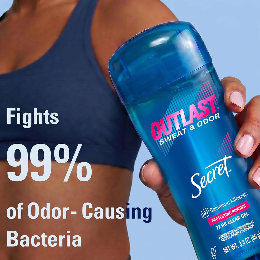 Secret Outlast Antiperspirant Deodorant for Women. Clear Gel. 72hr Sweat and Odor Protection. PH Balancing Minerals. Long Lasting Underarm Gel. Protecting Powder Scent. 3.4 oz