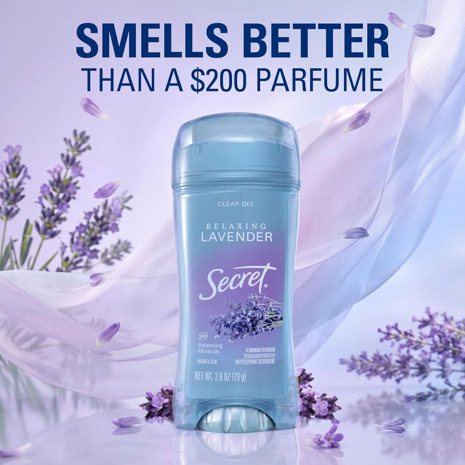 Secret Fresh Antiperspirant Deodorant for Women. 72hr Breathable Sweat & Odor Protection. Instant Freshness & Gentle. PH Balancing Minerals. Clear Gel. Relaxing Lavender Scent. 2.6 oz (Pack of 2)