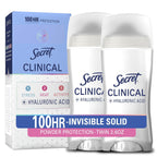 Secret Clinical Strength 100HR Sweat & Odor. Invisible Solid Antiperspirant Deodorant for Women. 3X Stress Protection with Hyaluronic Acid. Powder Protection Scent. 2.6 oz (Pack of 2)