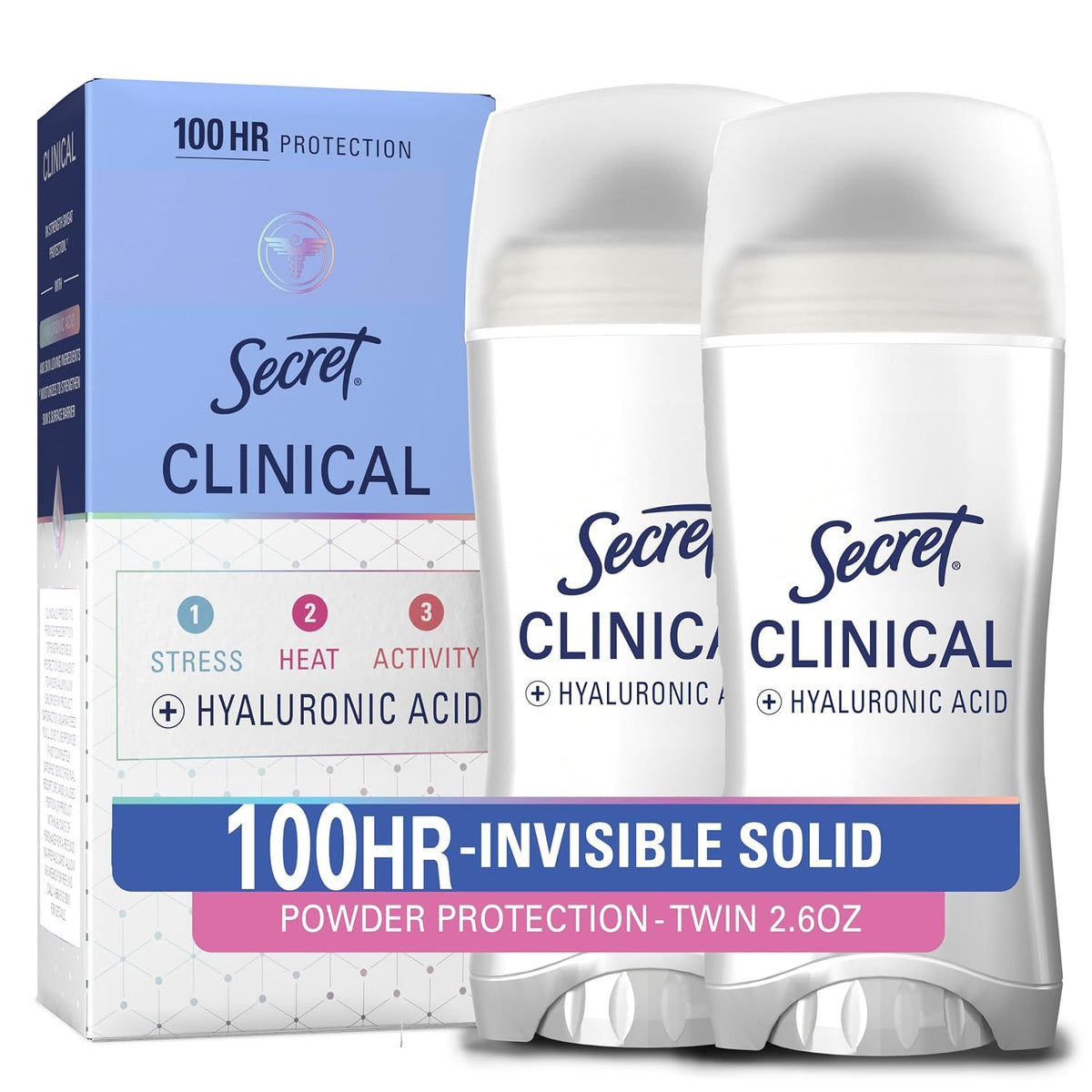 Secret Clinical Strength 100HR Sweat & Odor. Invisible Solid Antiperspirant Deodorant for Women. 3X Stress Protection with Hyaluronic Acid. Powder Protection Scent. 2.6 oz (Pack of 2)