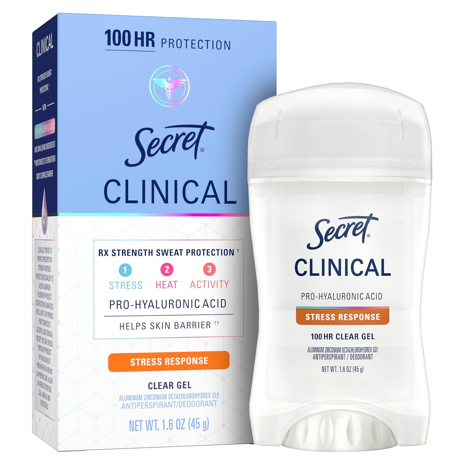 Secret Clinical Strength 100HR Sweat & Odor. Stress Response Clear Gel Antiperspirant Deodorant for Women. 3X Stress Protection with Pro-Hyaluronic Acid. PH Balancing Minerals. 1.6 oz