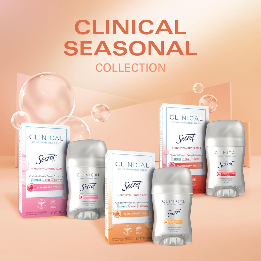 Secret Clinical Strength Antiperspirant Deodorant for Women. 3X Stress Protection. 72hr Sweat & Odor Protection. Pro-Hyaluronic Acid. Invisible Solid. Mandarin Summer Fizz Scent. 1.6 oz
