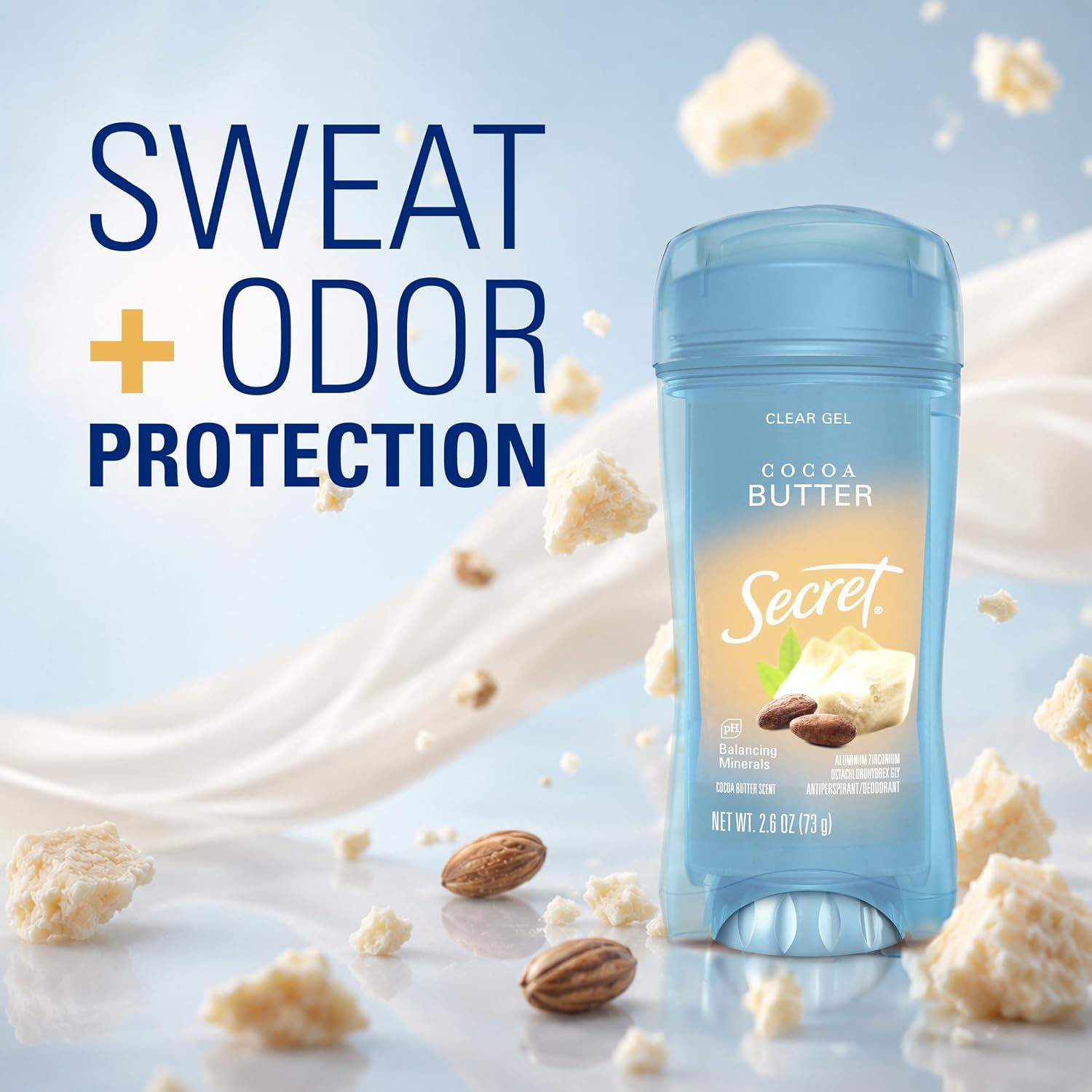 Secret Fresh Antiperspirant Deodorant for Women. 72hr Breathable Sweat & Odor Protection. Instant Freshness & Gentle. PH Balancing Minerals. Clear Gel. Cocoa Butter Scent. 2.6 oz