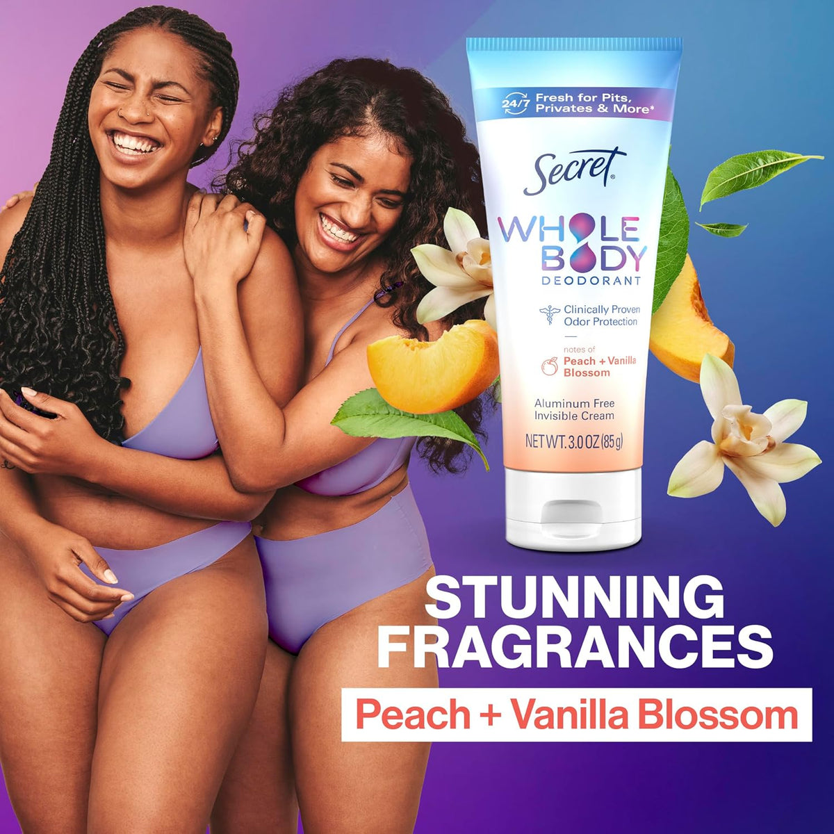 Secret Whole Body Deodorant Cream for Women. Peach & Vanilla Blossom Scent. Aluminum Free Deodorant. 72 HR Odor Protection. 3.0 oz
