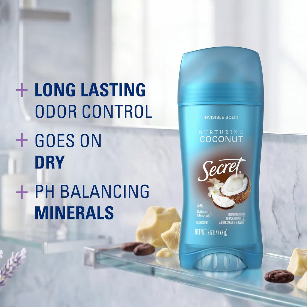 Secret Fresh Antiperspirant Deodorant for Women. 72hr Breathable Sweat & Odor Protection. Instant Freshness & Gentle. PH Balancing Minerals. Invisible Solid. Cocoa Butter Scent. 2.6 oz