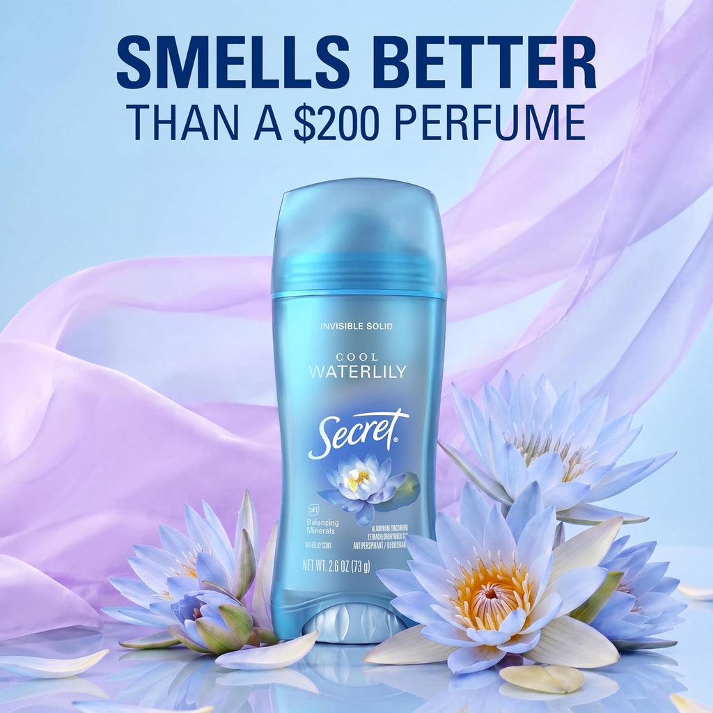 Secret Fresh Antiperspirant Deodorant for Women. 72hr Breathable Sweat & Odor Protection. Instant Freshness & Gentle. PH Balancing Minerals. Invisible Solid. Cool Waterlily Scent. 2.6 oz (Pack of 3)