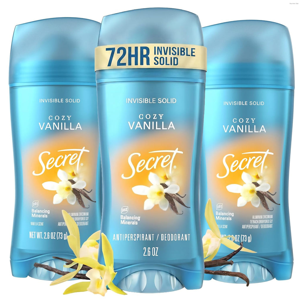 Secret Fresh Antiperspirant Deodorant for Women. 72hr Breathable Sweat & Odor Protection. Instant Freshness & Gentle. PH Balancing Minerals. Invisible Solid. Cozy Vanilla Scent. 2.6 oz (Pack of 3)