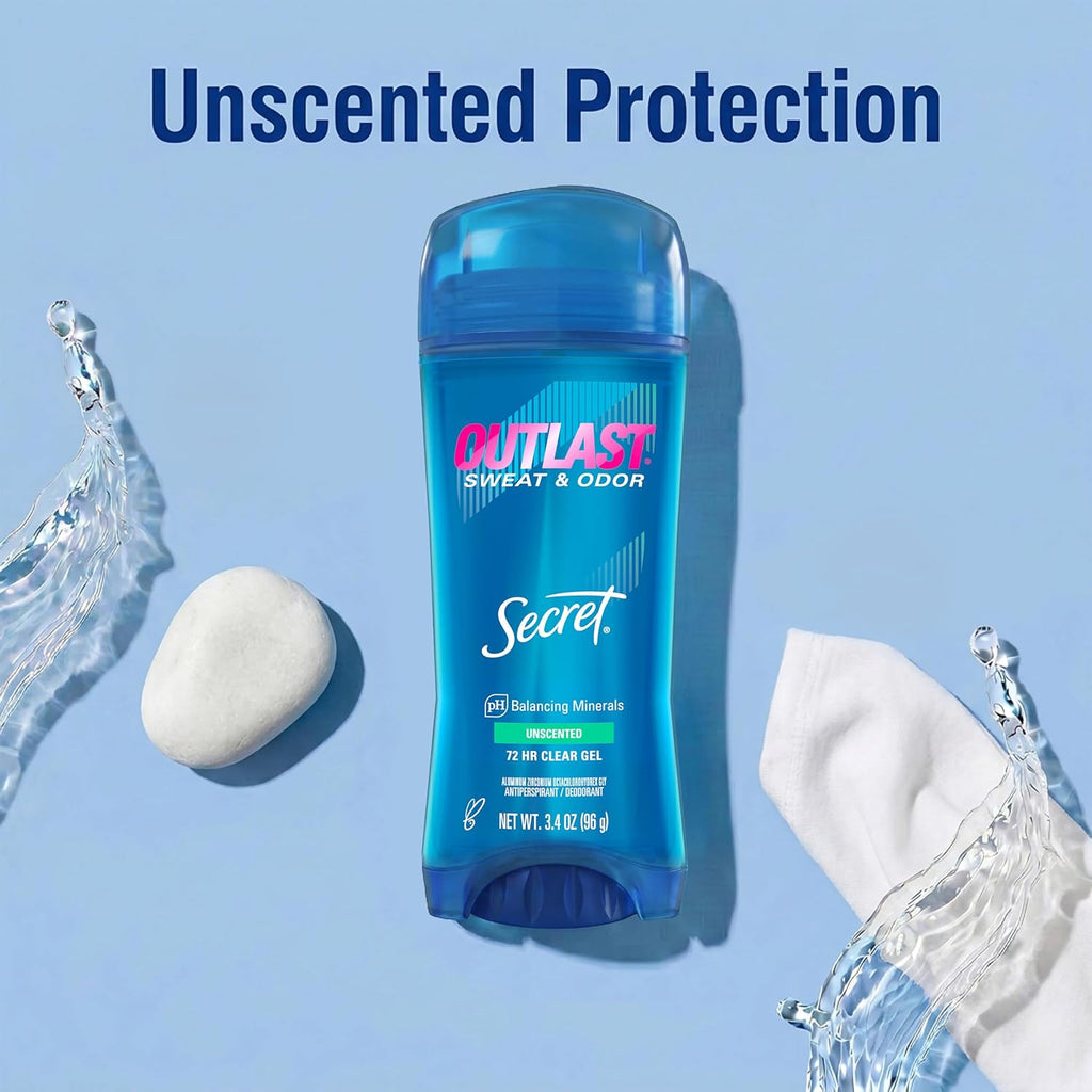 Secret Outlast Antiperspirant Deodorant for Women. 72hr Sweat & Odor Protection. PH Balancing Minerals. Clear Gel. Unscented 3.4 oz