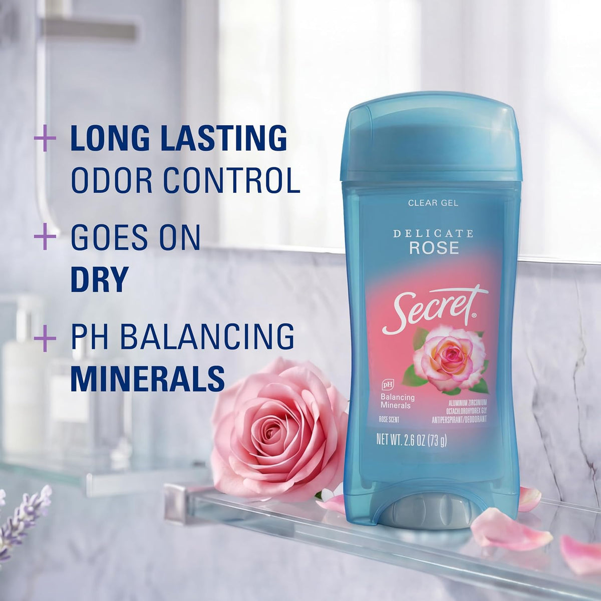 Secret Fresh Antiperspirant Deodorant for Women. 72hr Breathable Sweat & Odor Protection. Instant Freshness & Gentle. PH Balancing Minerals. Clear Gel. Delicate Rose Scent. 2.6 oz (Pack of 2)
