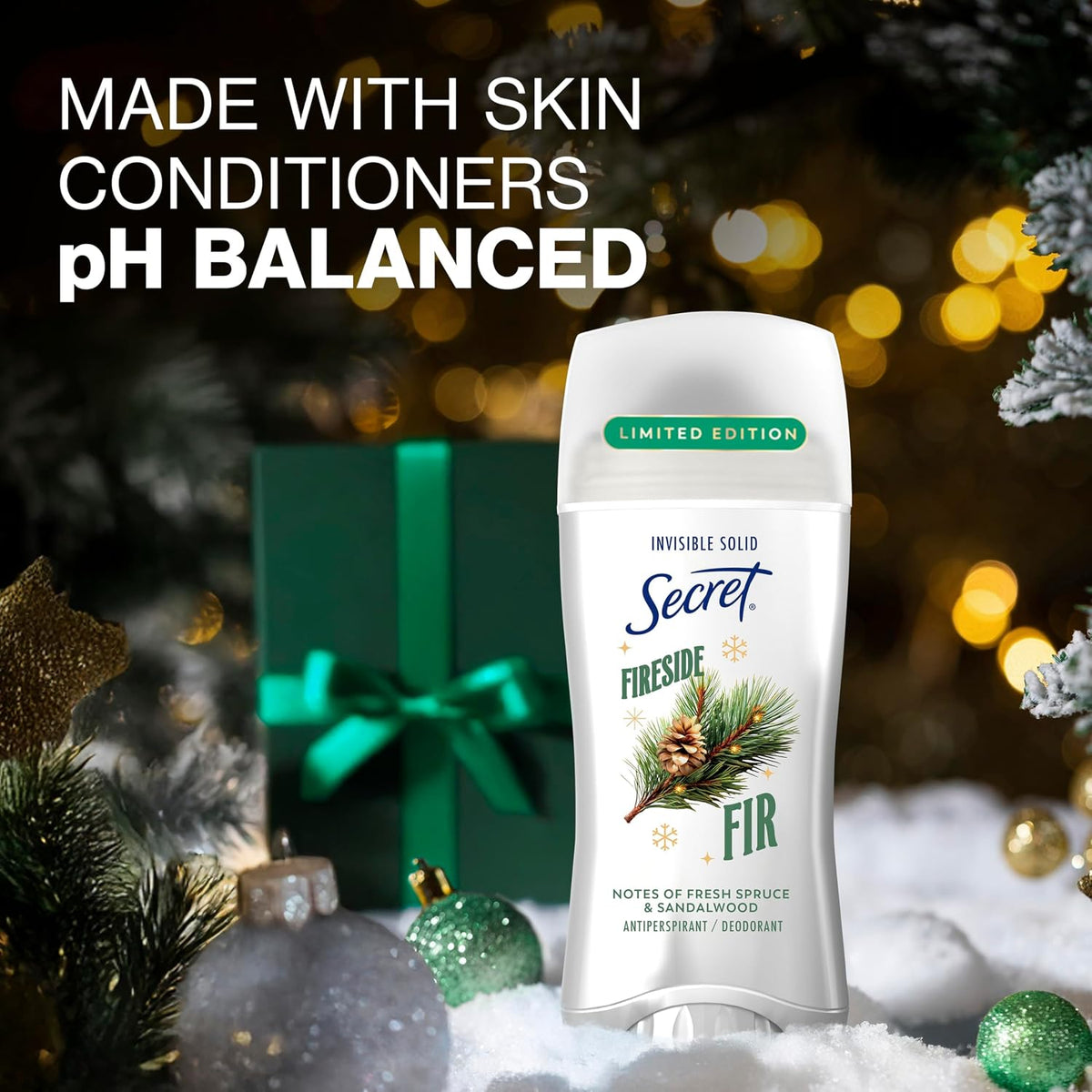 Secret Fresh Antiperspirant Deodorant for Women. Fireside Fir Scent. 2.6oz | 72 Hour Holiday Sweat & Odor Protection with Pro-Hyaluronic Acid. Limited Edition Invisible Solid. pH Balancing Minerals
