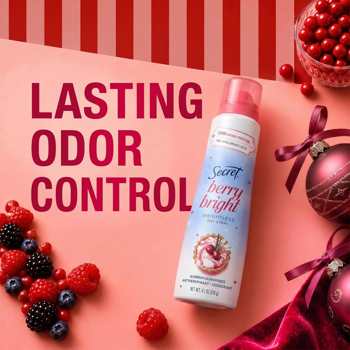 Secret Dry Spray Antiperspirant Deodorant for Women. 72hr Holiday Freshness. Pro-Hyaluronic Acid. PH Balancing Minerals. Invisible Spray. Berry Bright Scent. 4.1 oz