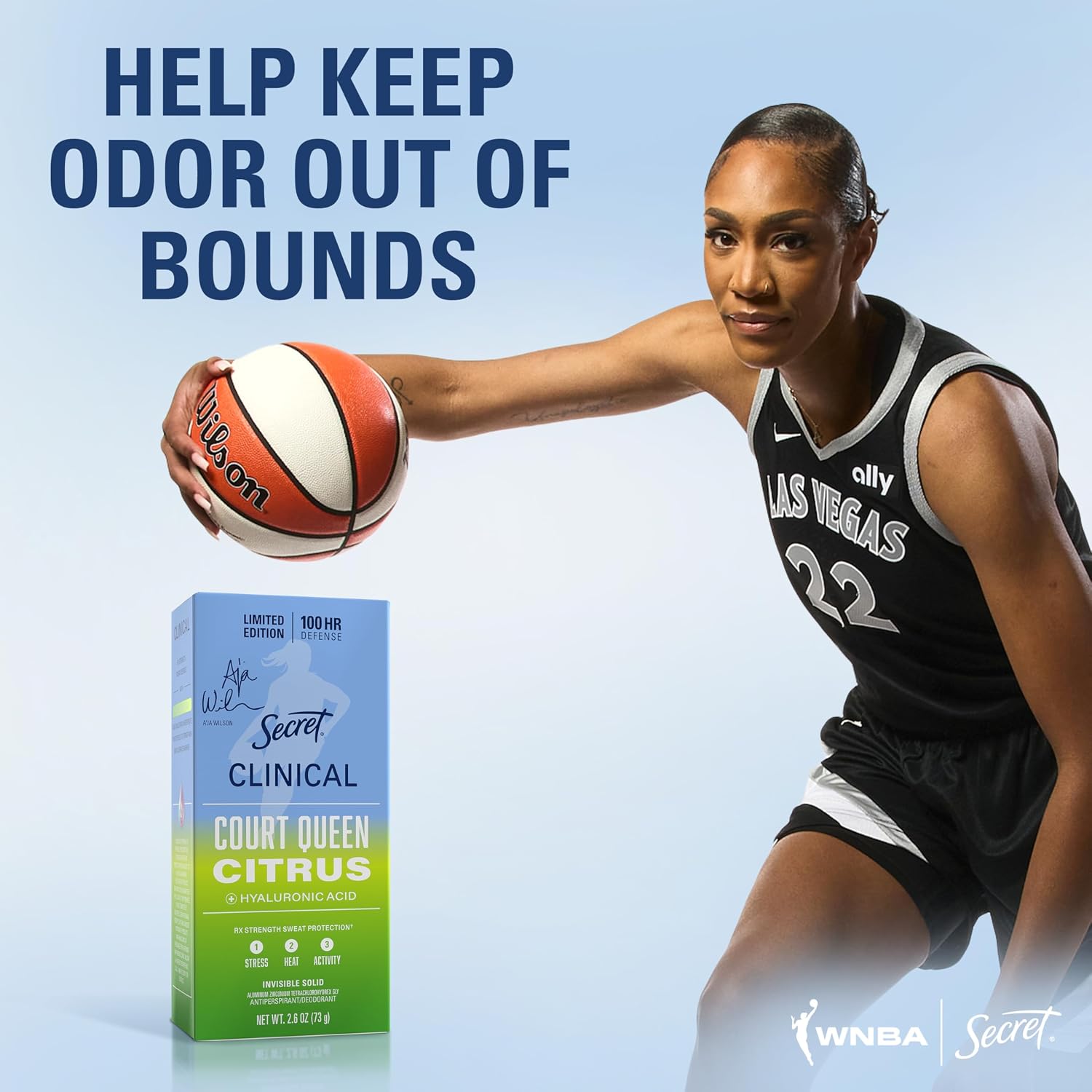 Secret Clinical Strength 100HR Defense. Invisible Solid Antiperspirant Deodorant for Women. A'Ja Wilson Edition. Triple Threat Sweat Protection. Hyaluronic Acid. Court Queen Citrus Scent. 2.6 oz