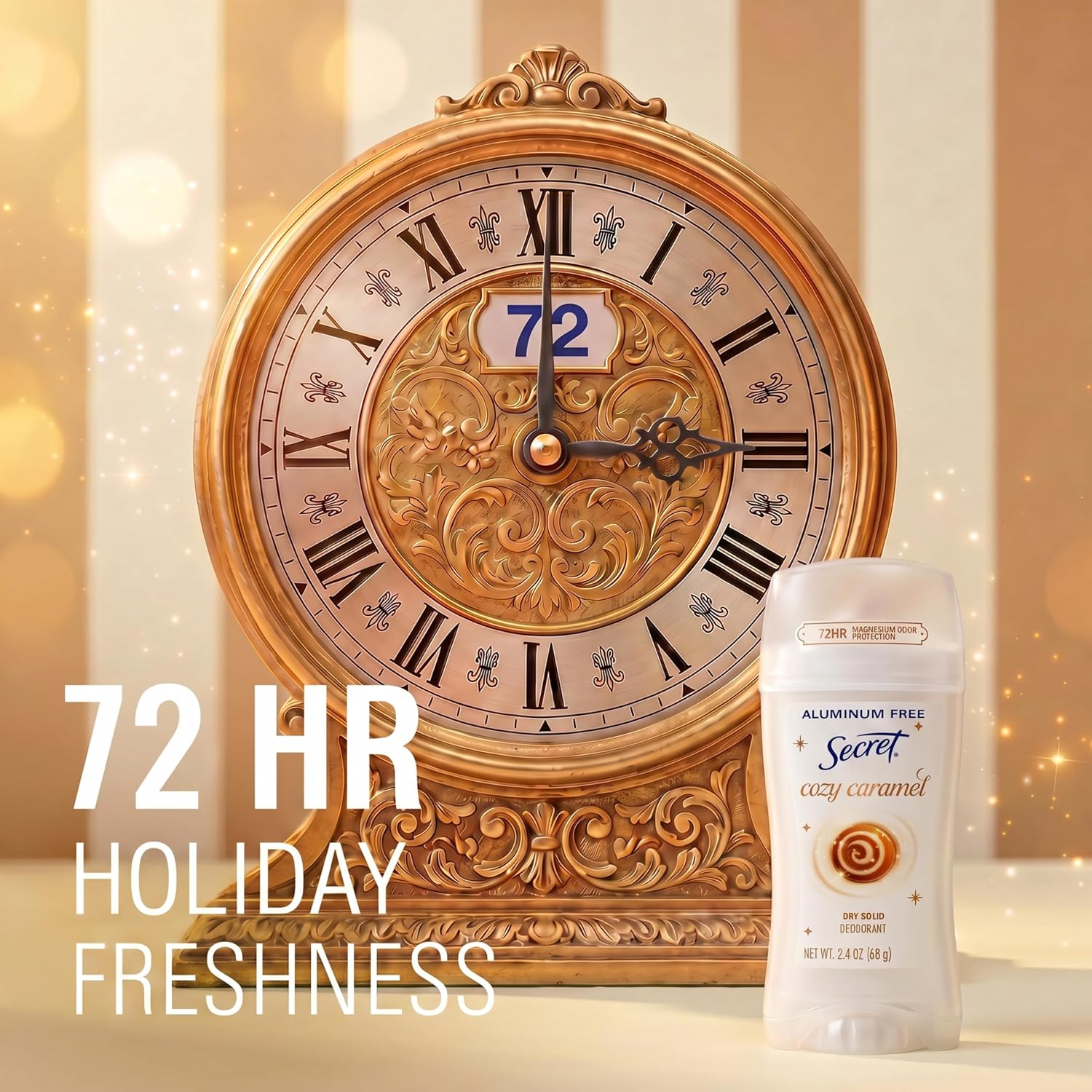 Secret Aluminum Free Deodorant for Women. 72hr Magnesium Odor Protection with Pro-Hyaluronic Acid. PH Balancing Minerals. Holiday Dry Solid. Cozy Caramel Scent. 2.4 oz
