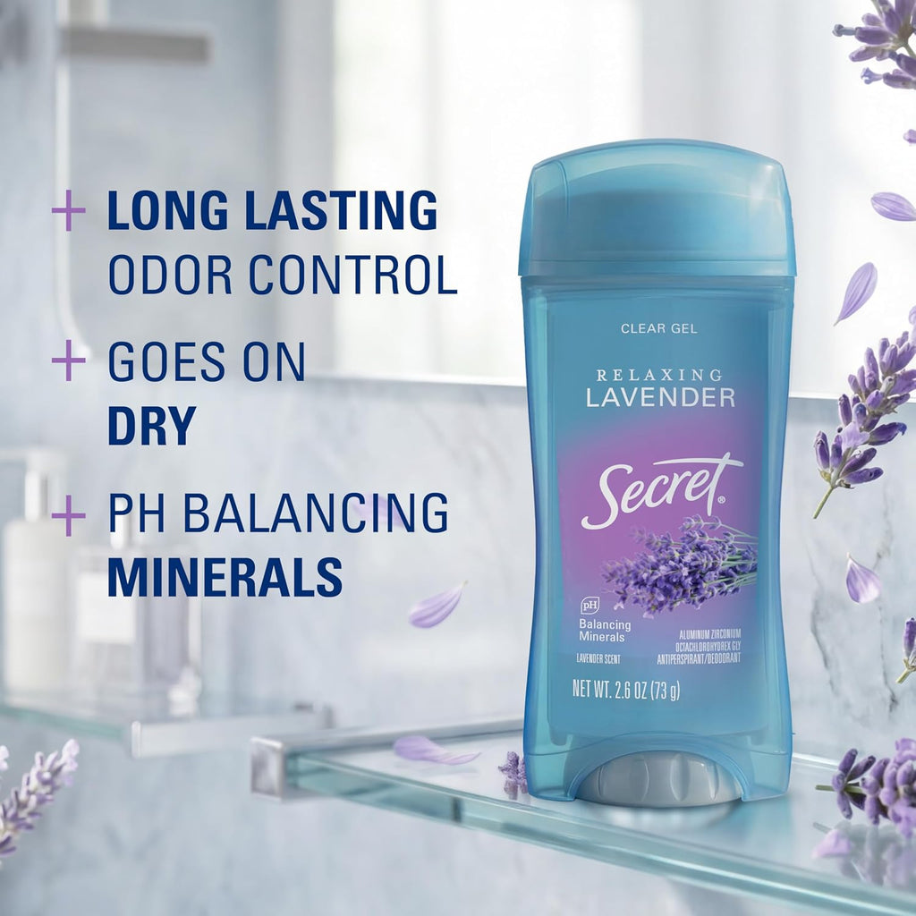 Secret Fresh Antiperspirant Deodorant for Women. 72hr Breathable Sweat & Odor Protection. Instant Freshness & Gentle. PH Balancing Minerals. Clear Gel. Relaxing Lavender Scent. 2.6 oz (Pack of 2)