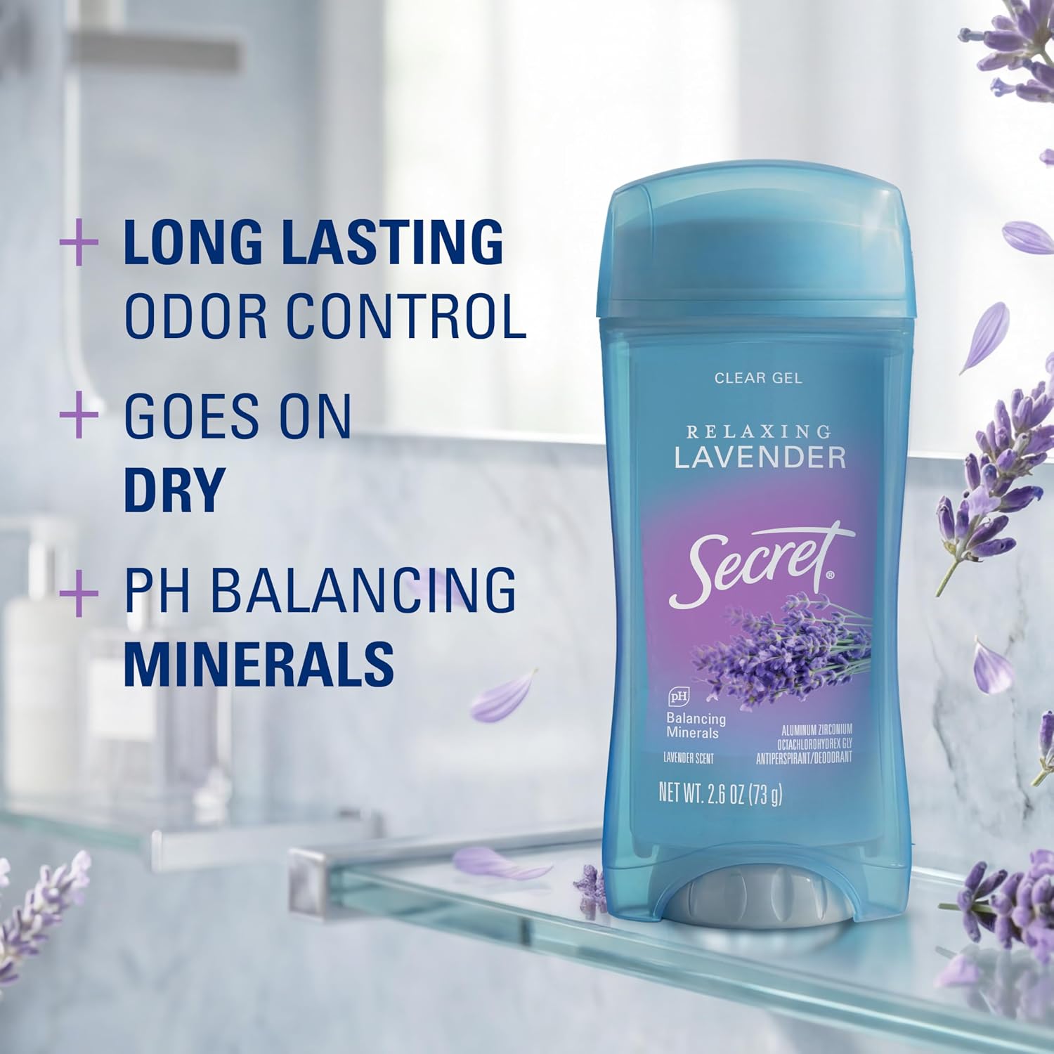 Secret Fresh Antiperspirant Deodorant for Women. 72hr Breathable Sweat & Odor Protection. Instant Freshness & Gentle. PH Balancing Minerals. Clear Gel. Relaxing Lavender Scent. 2.6 oz
