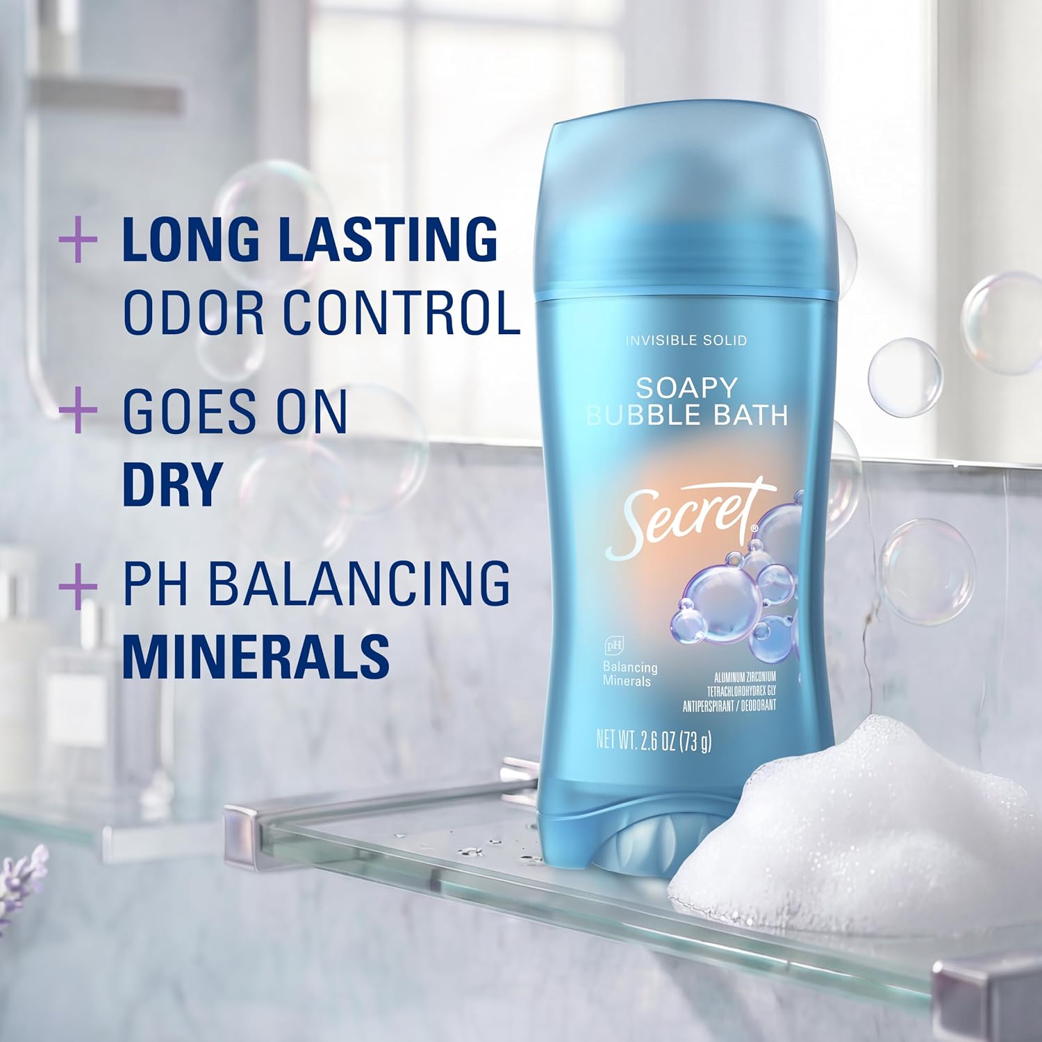 Secret Fresh Antiperspirant Deodorant for Women. 72hr Breathable Sweat & Odor Protection. Instant Freshness & Gentle. PH Balancing Minerals. Invisible Solid. Soapy Bubble Bath Scent. 2.6 oz