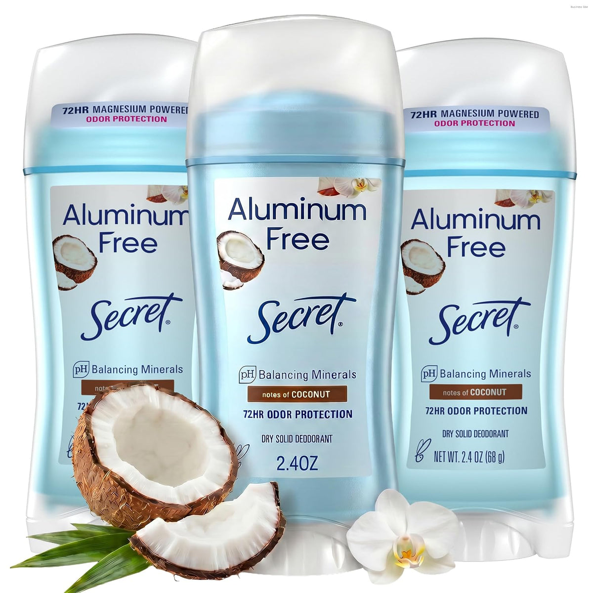 Secret Aluminum Free Deodorant for Women. 48hr Odor Protection. Naturally Derived Ingredients. Free of Parabens Dyes Talc & Baking Soda. PH Balanced. Dry Solid. Coconut Scent. 2.4 oz (Pack Of 3)