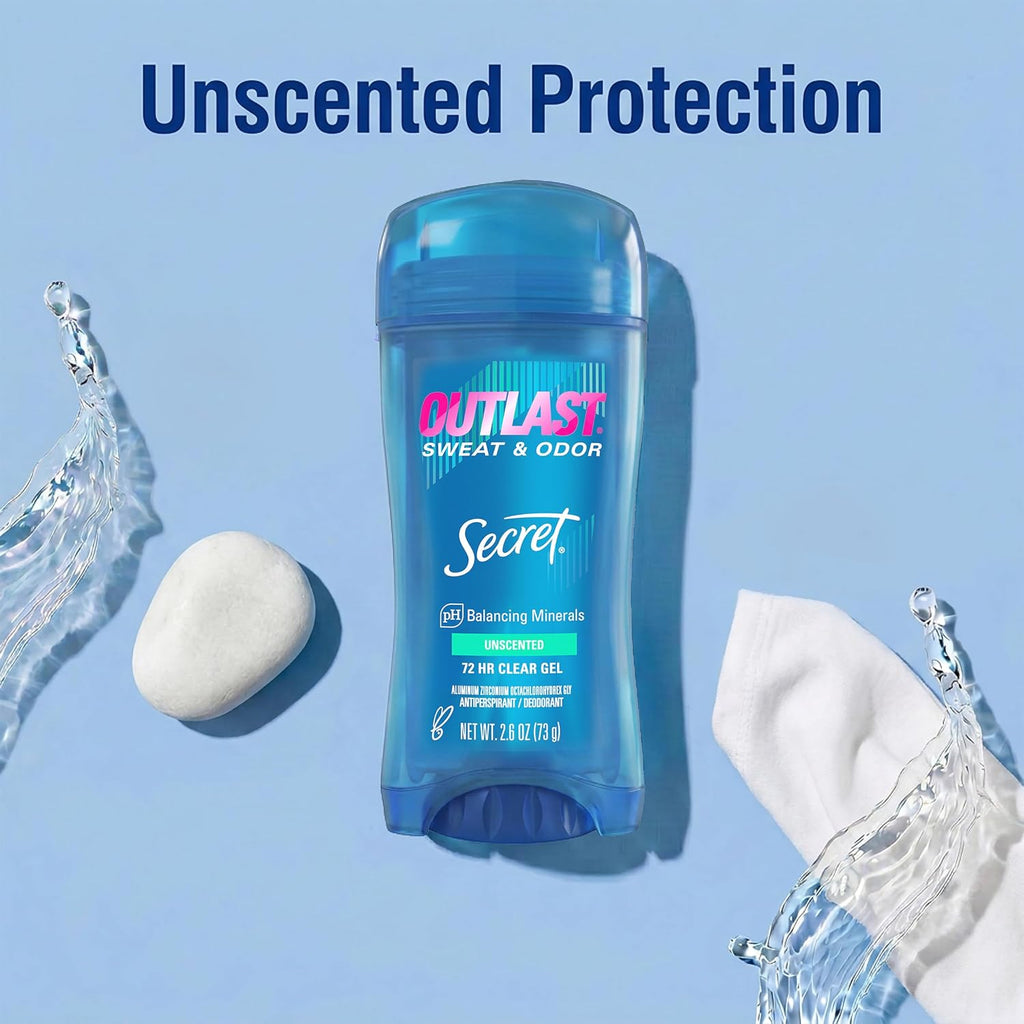 Secret Outlast Antiperspirant Deodorant for Women. Clear Gel. 72hr Sweat and Odor Protection. PH Balancing Minerals. Long Lasting Underarm Deodorant Gel. Unscented. 2.6 oz