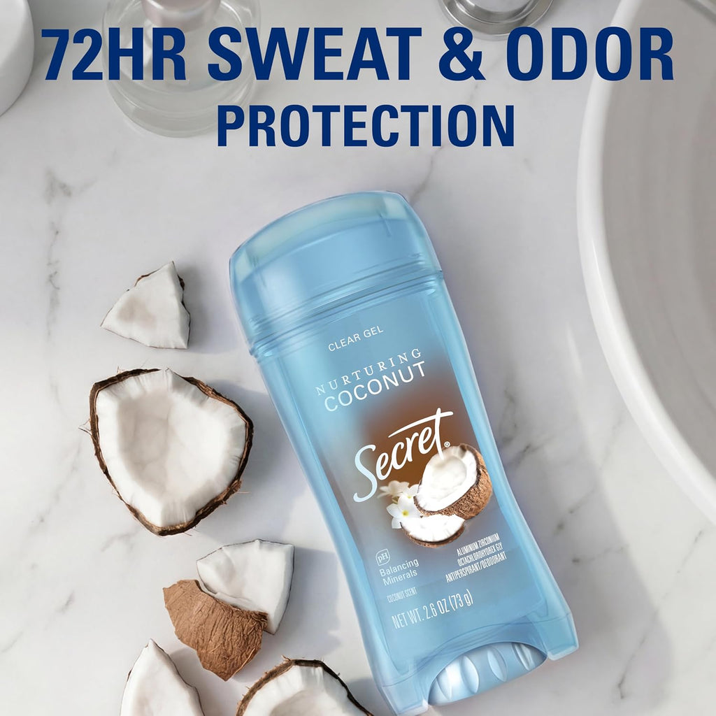 Secret Fresh Antiperspirant Deodorant for Women. 72hr Breathable Sweat & Odor Protection. Instant Freshness & Gentle. PH Balancing Minerals. Clear Gel. Nurturing Coconut Scent. 2.6 oz (Pack of 2)
