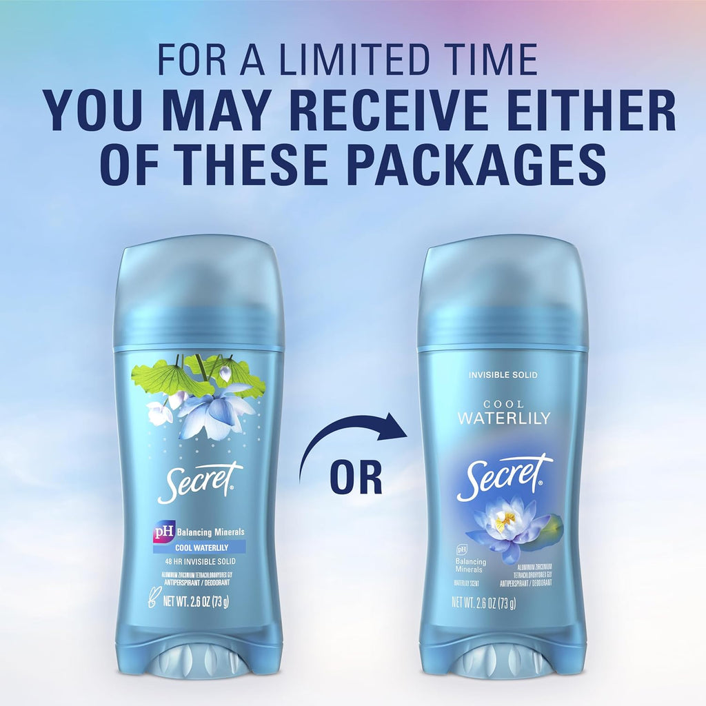 Secret Fresh Antiperspirant Deodorant for Women. 72hr Breathable Sweat & Odor Protection. Instant Freshness & Gentle. PH Balancing Minerals. Invisible Solid. Cool Waterlily Scent. 2.6 oz (Pack of 3)