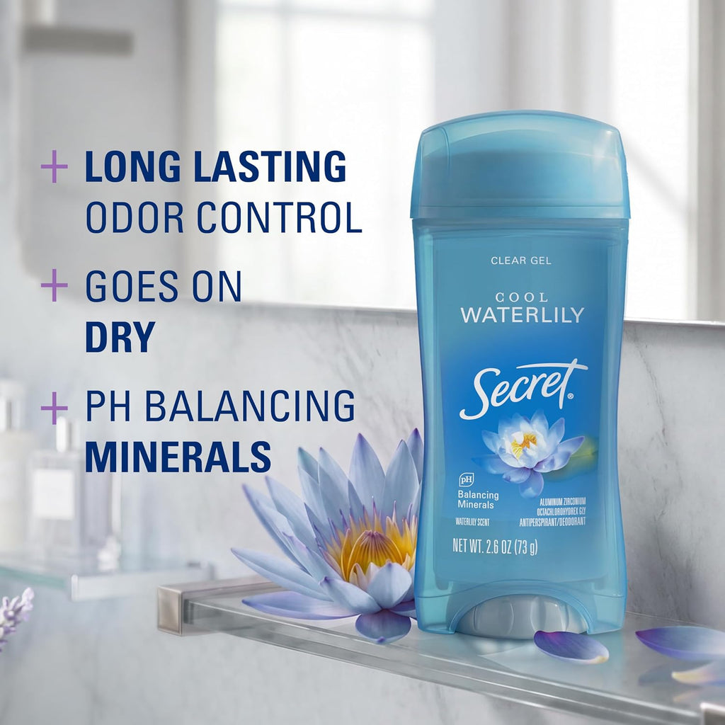 Secret Fresh Antiperspirant Deodorant for Women. 72hr Breathable Sweat & Odor Protection. Instant Freshness & Gentle. PH Balancing Minerals. Clear Gel. Cool Waterlily Scent. 2.6 oz (Pack of 3)