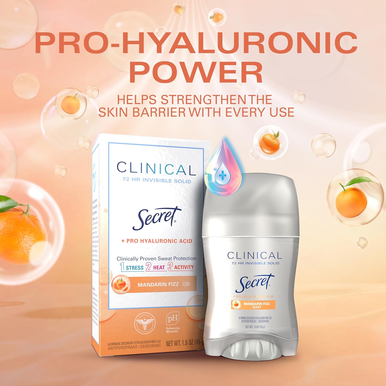 Secret Clinical Strength Antiperspirant Deodorant for Women. 3X Stress Protection. 72hr Sweat & Odor Protection. Pro-Hyaluronic Acid. Invisible Solid. Mandarin Summer Fizz Scent. 1.6 oz