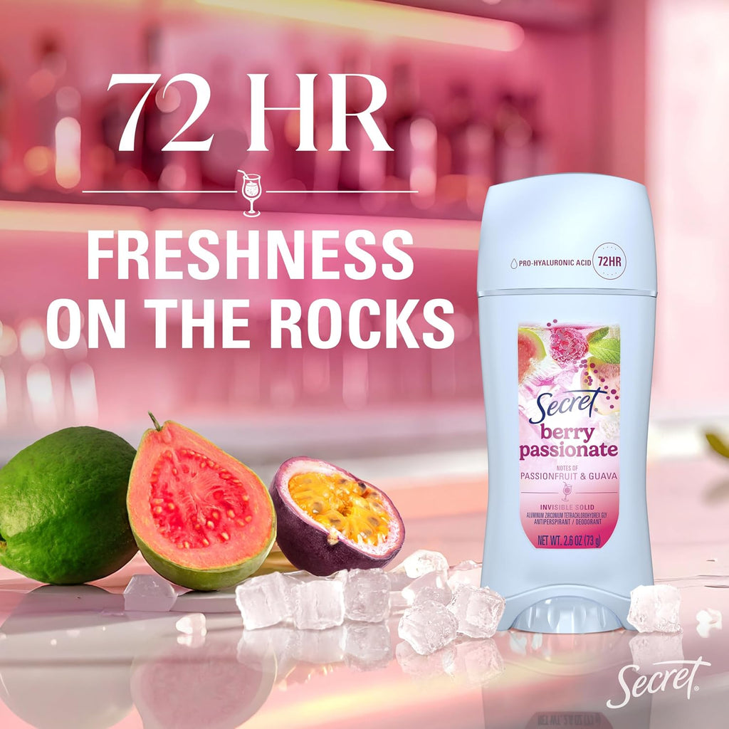 Secret Fresh Antiperspirant Deodorant. Berry Passionate Scent. 2.6oz | 72HR Freshness on the Rocks with Pro-Hyaluronic Acid. Miami Mocktails Limited Edition Invisible Solid. pH Balancing Minerals