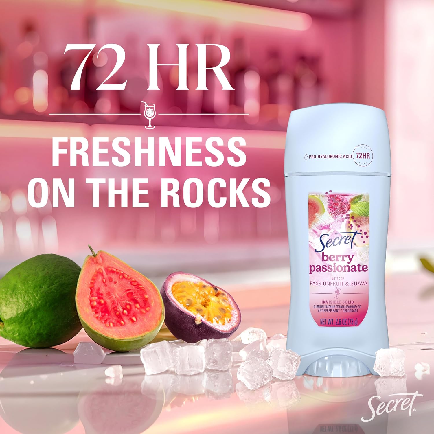 Secret Fresh Antiperspirant Deodorant. Berry Passionate Scent. 2.6oz | 72HR Freshness on the Rocks with Pro-Hyaluronic Acid. Miami Mocktails Limited Edition Invisible Solid. pH Balancing Minerals