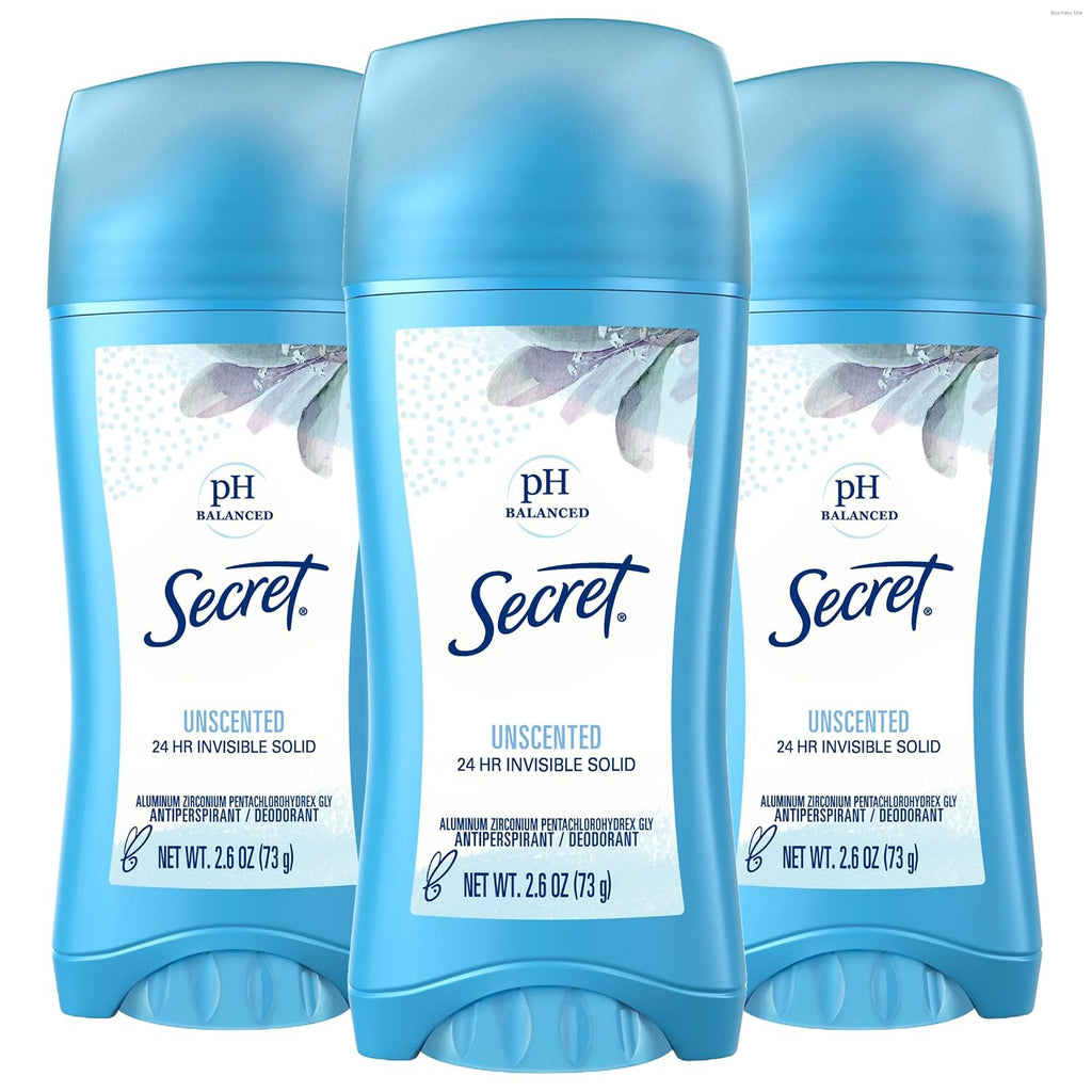 Secret Antiperspirant and Deodorant for Women. 24hr Sweat & Odor Protection. PH Balanced Protection. Gentle on Skin. Invisible Solid. Unscented. 2.6 oz (Pack of 3)