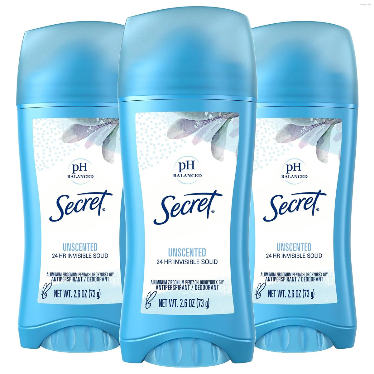 Secret Antiperspirant and Deodorant for Women. 24hr Sweat & Odor Protection. PH Balanced Protection. Gentle on Skin. Invisible Solid. Unscented. 2.6 oz (Pack of 3)