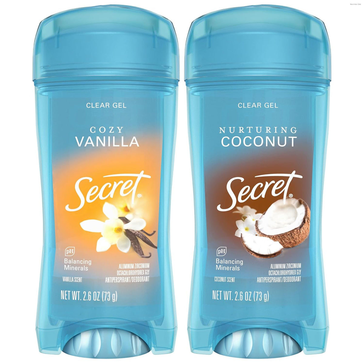 Secret Antiperspirant Deodorant for Women. Fresh Collection Bundle. 72hr Breathable Sweat & Odor Protection. Instant Freshness. Clear Gel. Cozy Vanilla & Nurturing Coconut Scent. 2.6 oz (Pack of 2)