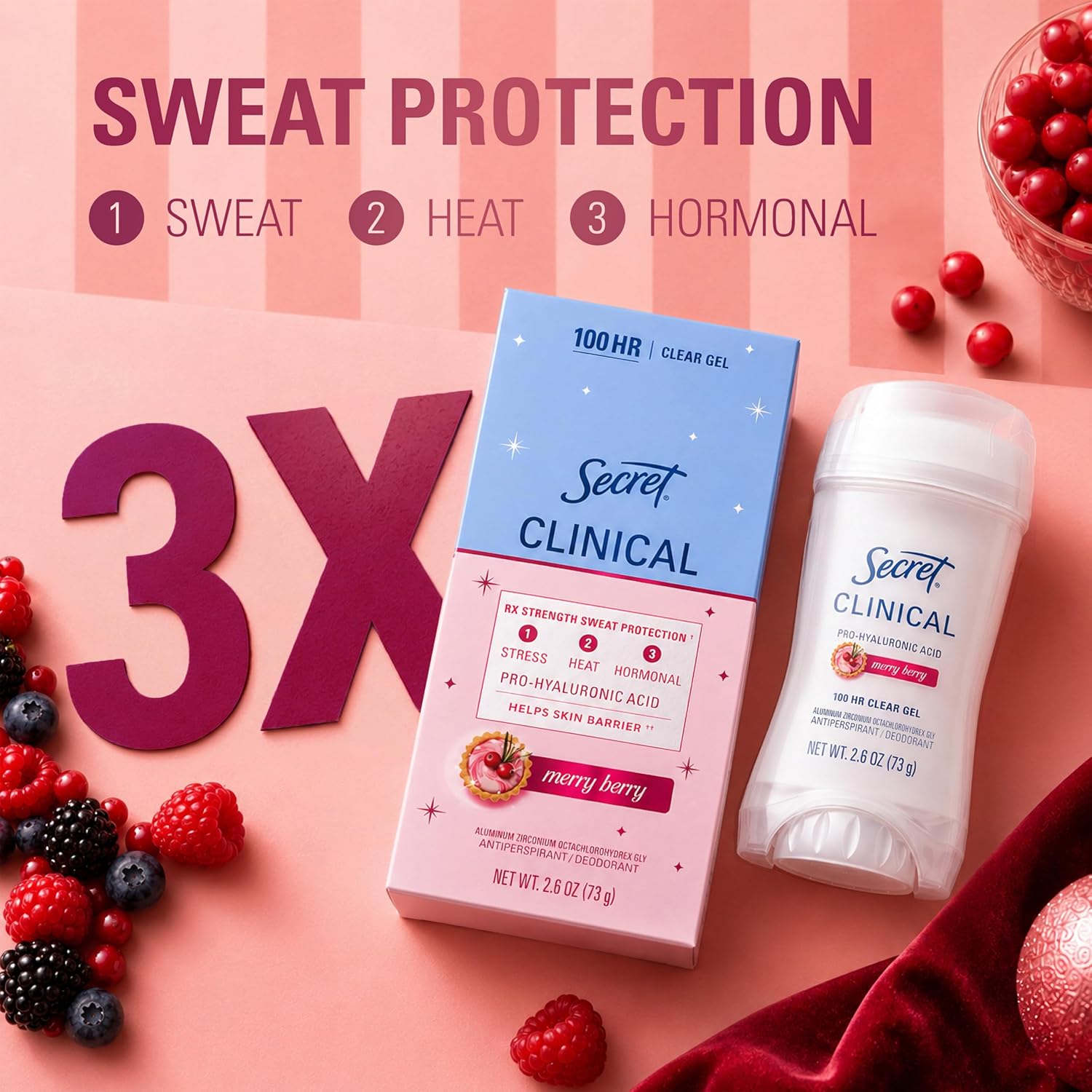 Secret Clinical Strength 100HR Sweat & Odor. Clear Gel Antiperspirant Deodorant for Women. 3X Stress Protection with Hyaluronic Acid. PH Balancing Minerals. Merry Berry Scent. 2.6 oz