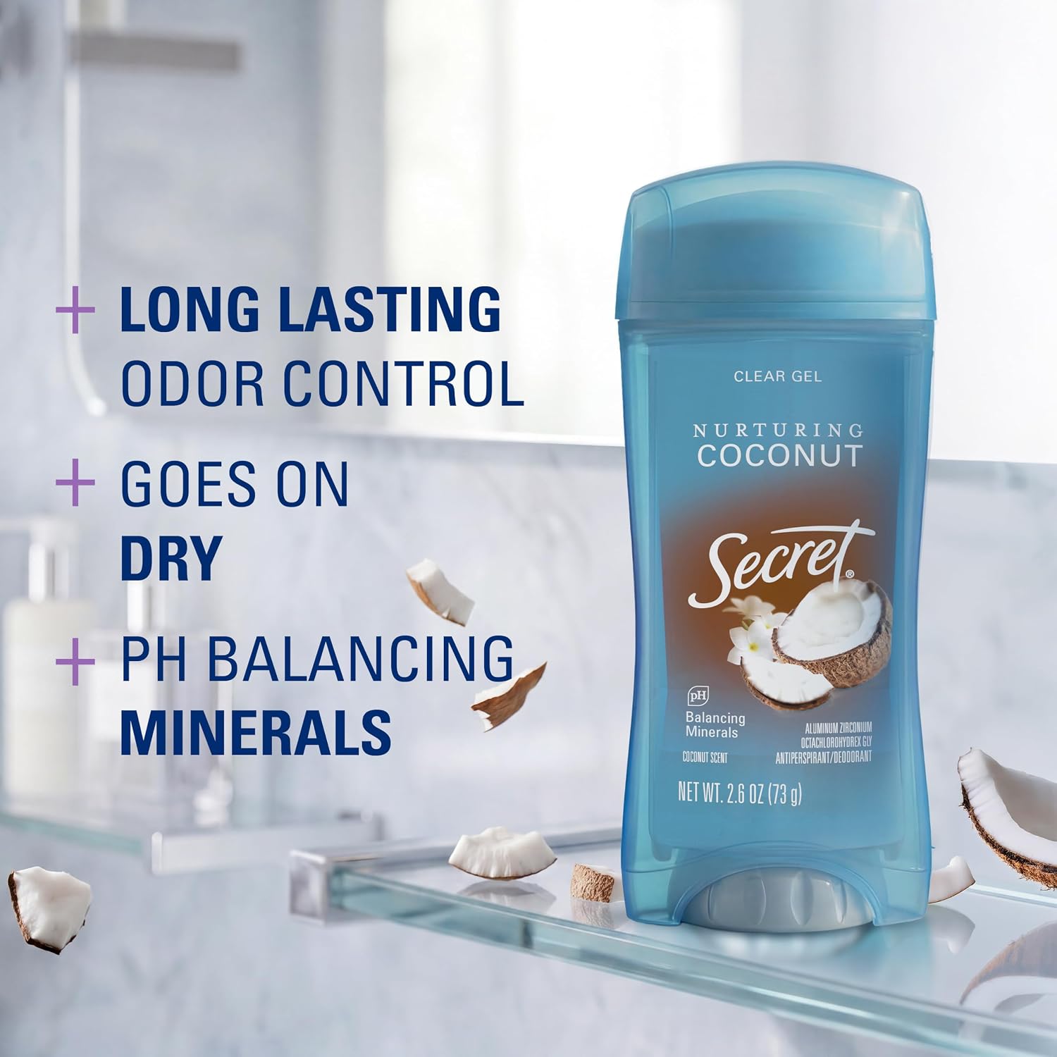 Secret Fresh Antiperspirant Deodorant for Women. 72hr Breathable Sweat & Odor Protection. Instant Freshness & Gentle. PH Balancing Minerals. Clear Gel. Nurturing Coconut Scent. 2.6 oz (Pack of 2)