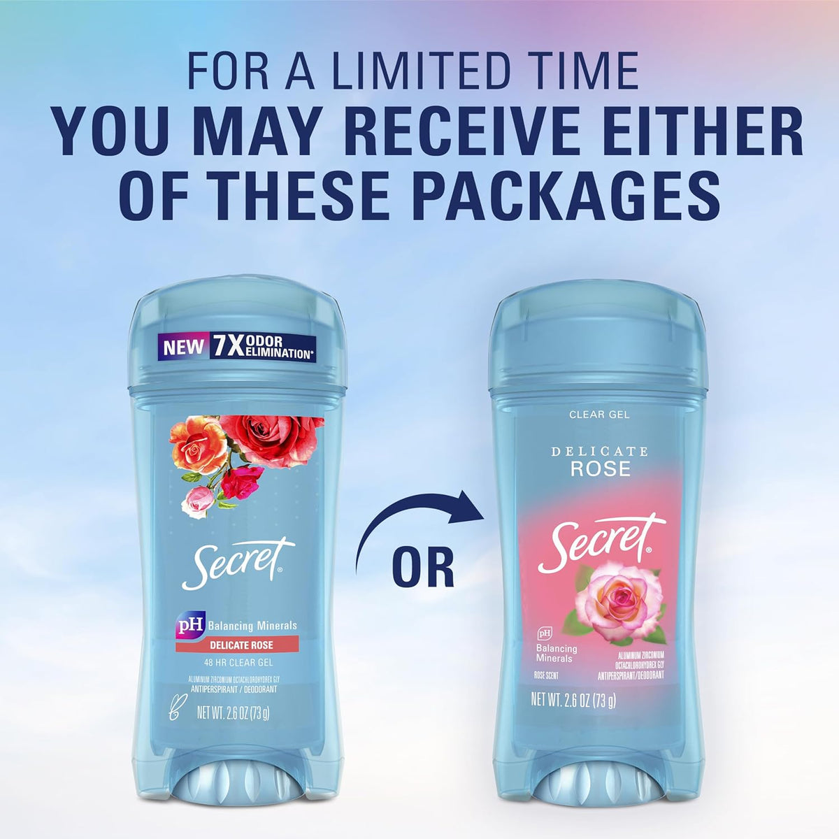 Secret Fresh Antiperspirant Deodorant for Women. 72hr Breathable Sweat & Odor Protection. Instant Freshness & Gentle. PH Balancing Minerals. Clear Gel. Delicate Rose Scent. 2.6 oz (Pack of 2)