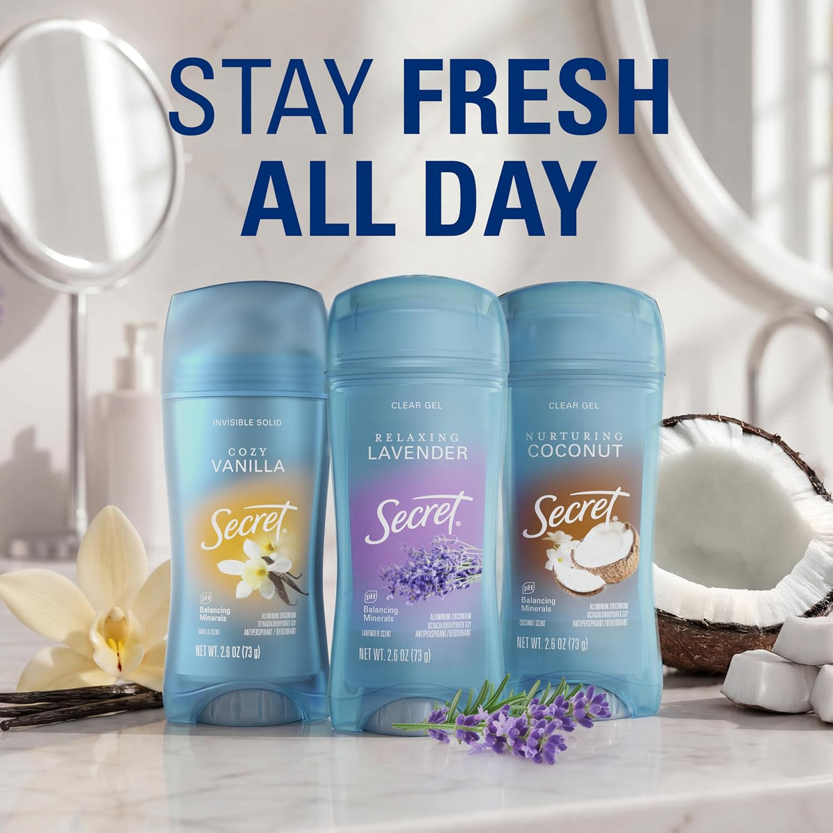 Secret Fresh Antiperspirant Deodorant for Women. 72hr Breathable Sweat & Odor Protection. Instant Freshness & Gentle. PH Balancing Minerals. Clear Gel. Relaxing Lavender Scent. 2.6 oz (Pack of 2)