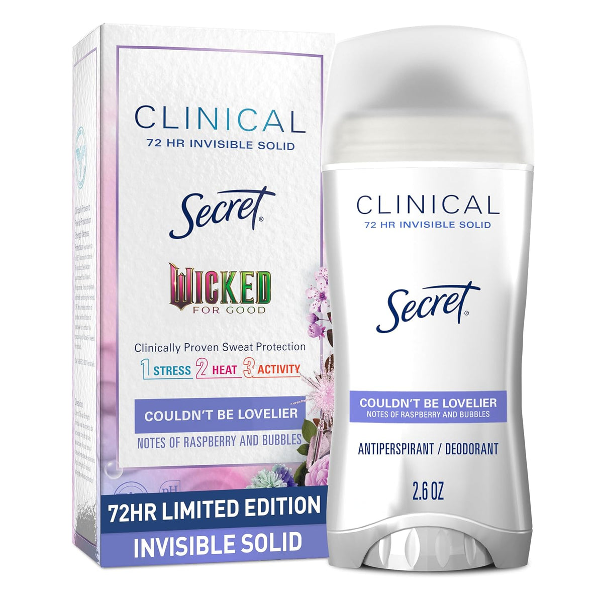 Secret Clinical Strength Antiperspirant Deodorant for Women. Couldn't Be Lovelier. 3X Sweat Protection. 72hr Sweat & Odor Protection. PH Balanced. Invisible Solid. Raspberry & Bubbles Scent. 2.6 oz
