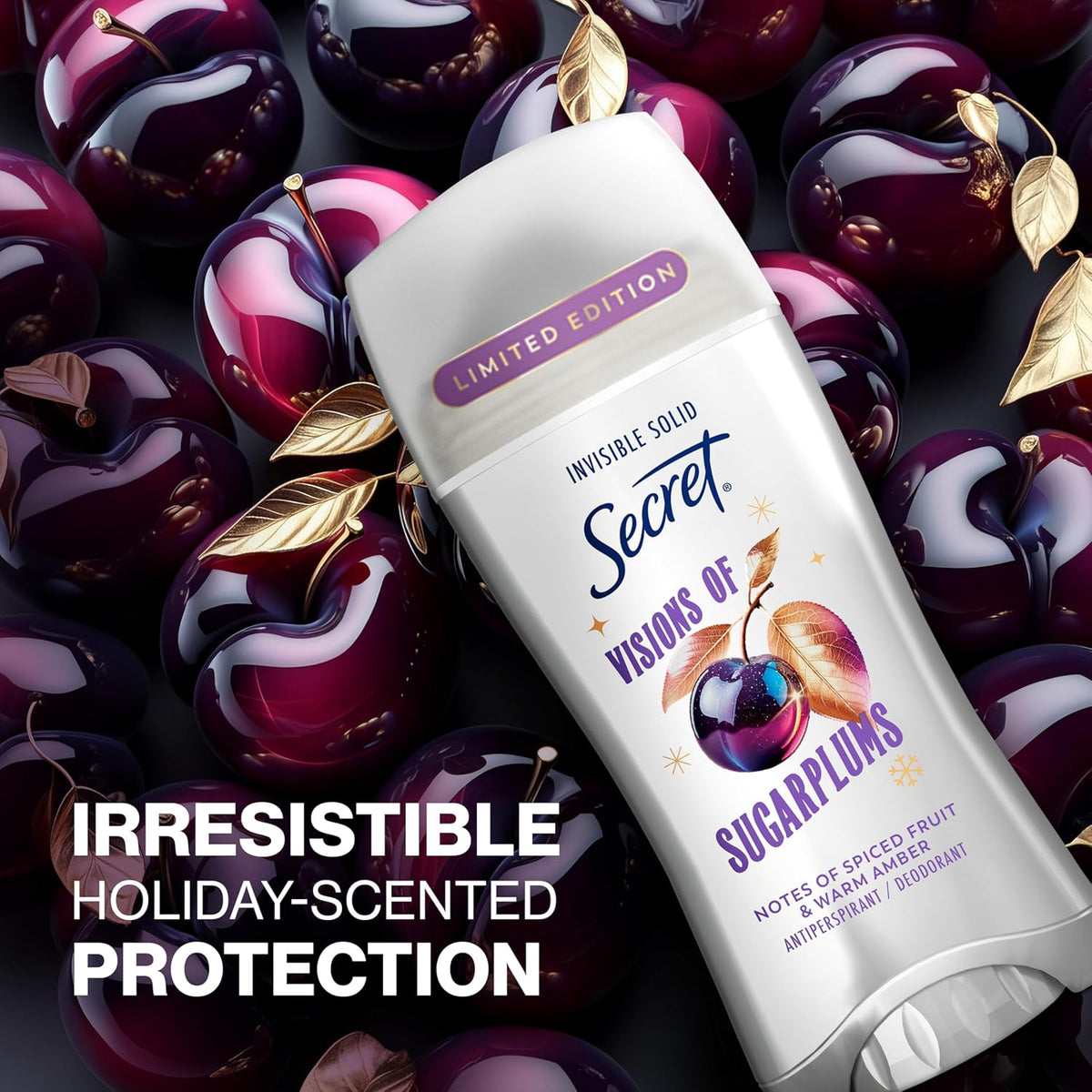 Secret Fresh Antiperspirant Deodorant. Visions of Sugarplums Scent. 2.6oz | 72 Hour Holiday Sweat & Odor Protection with Pro-Hyaluronic Acid. Limited Edition Invisible Solid. pH Balancing Minerals