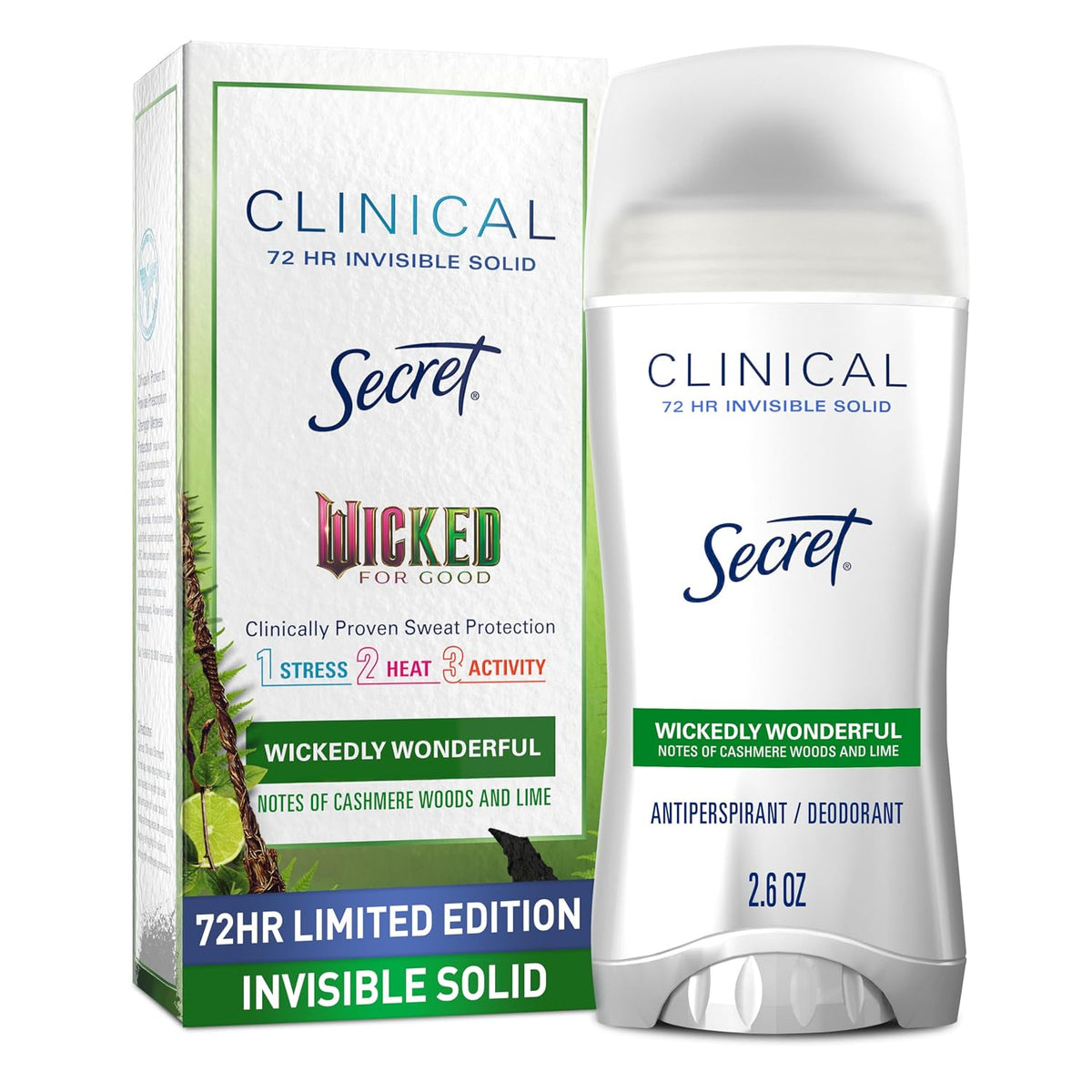 Secret Clinical Strength Antiperspirant Deodorant for Women. Wickedly Wonderful. 3X Sweat Protection. 72hr Sweat & Odor Protection. PH Balanced. Invisible Solid. Cashmere Woods & Lime Scent. 2.6 oz