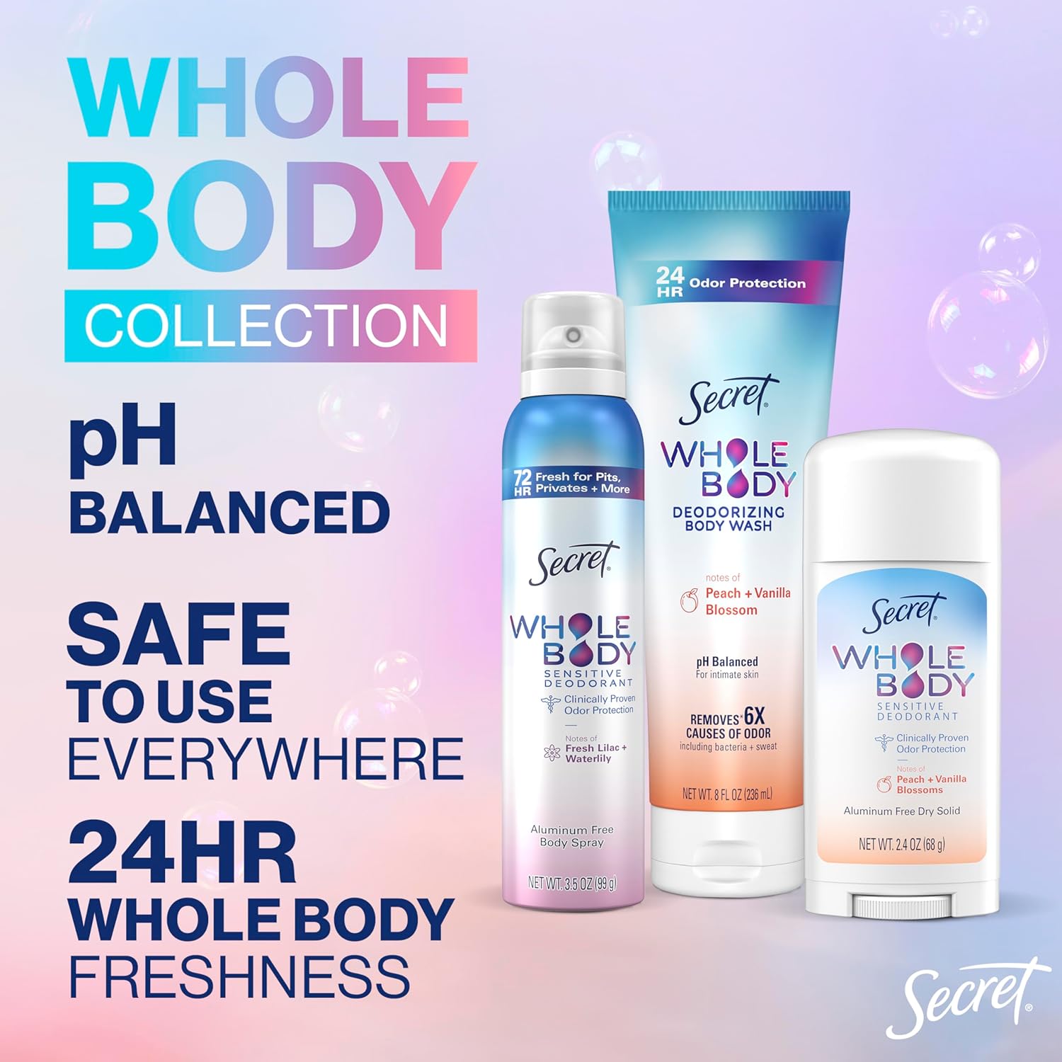 Secret Whole Body Deodorant Stick for Women. Lilac & Waterlily Scent. Aluminum Free Deodorant Stick. 72 HR Odor Protection. 2.4 oz