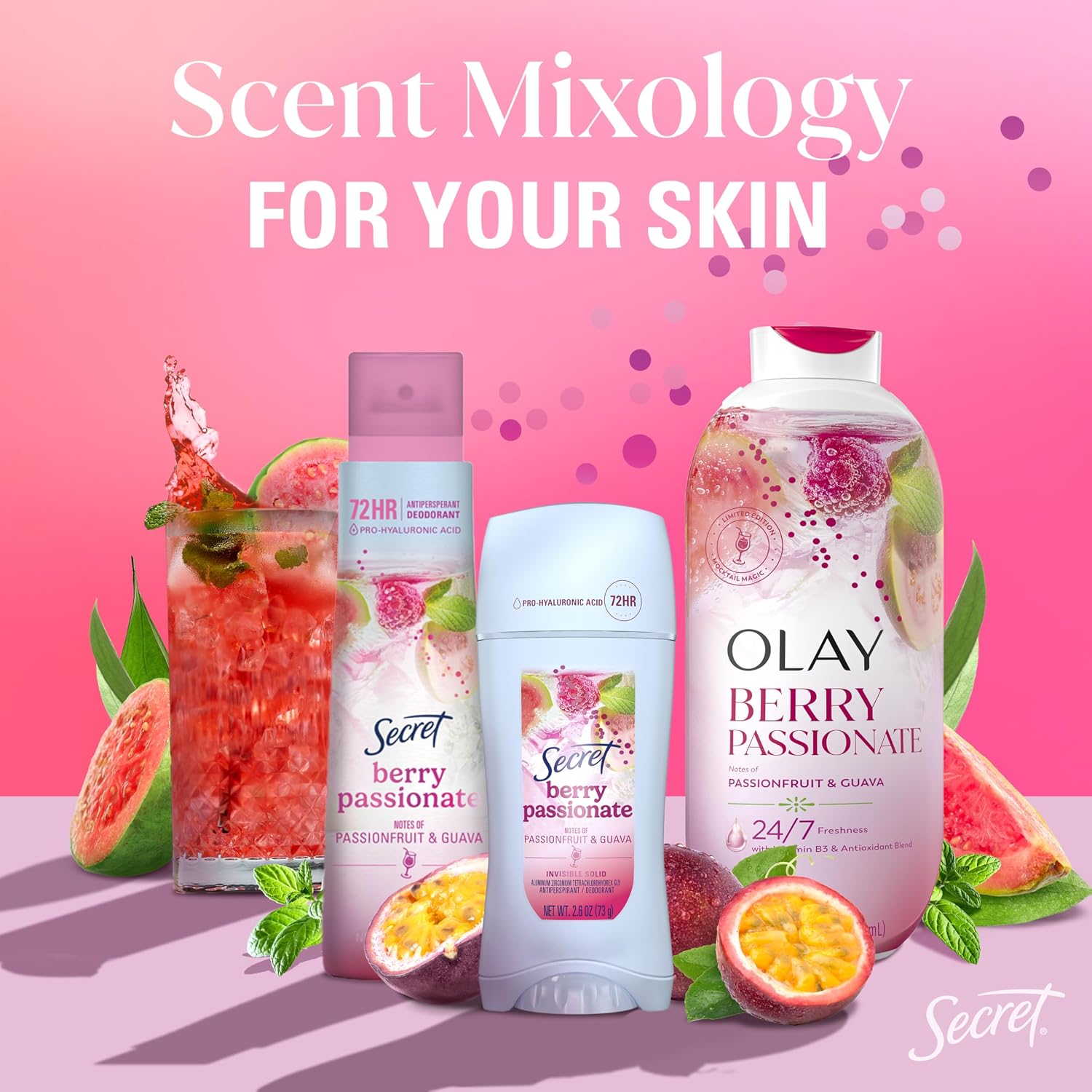 Secret Fresh Antiperspirant Deodorant. Berry Passionate Scent. 2.6oz | 72HR Freshness on the Rocks with Pro-Hyaluronic Acid. Miami Mocktails Limited Edition Invisible Solid. pH Balancing Minerals