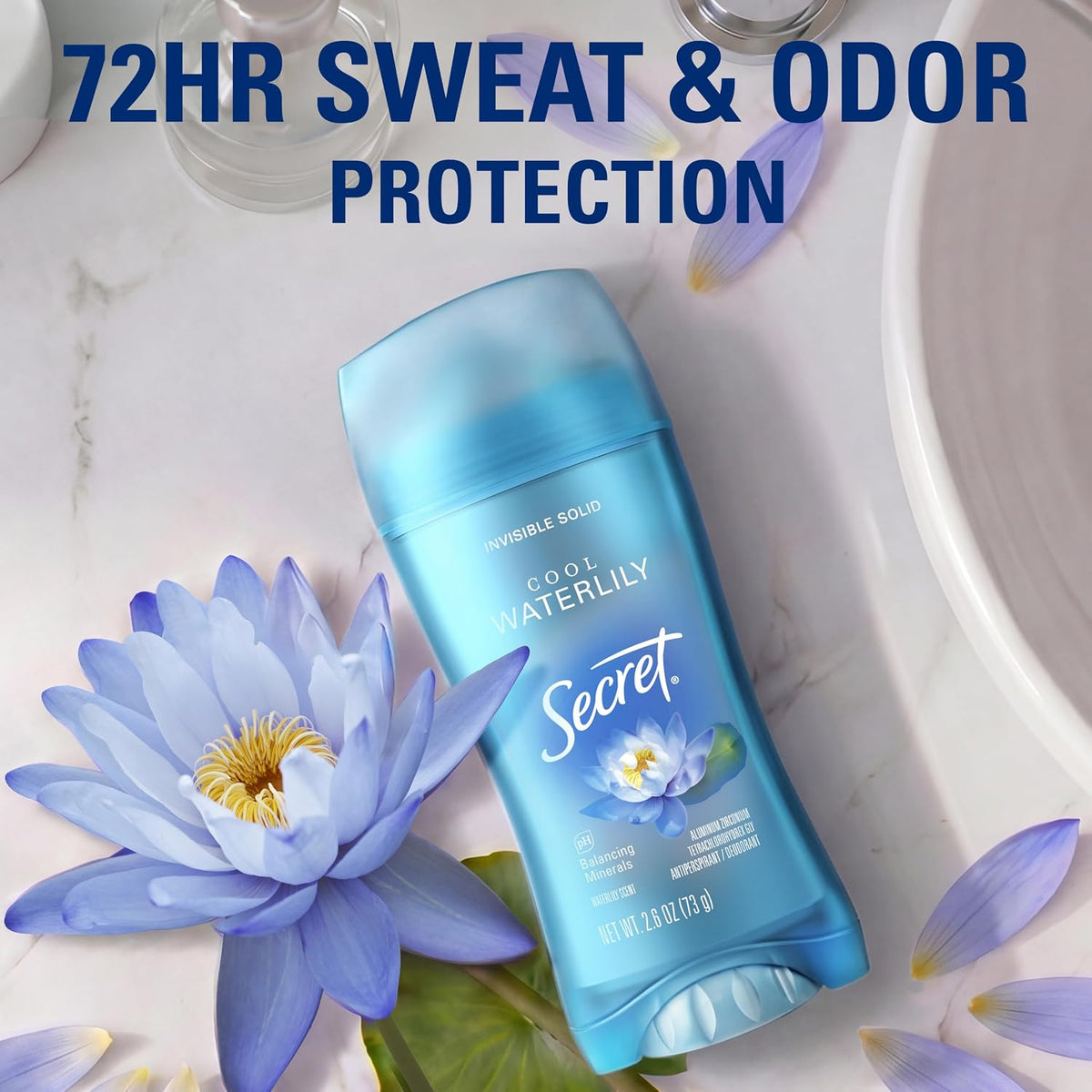 Secret Fresh Antiperspirant Deodorant for Women. 72hr Breathable Sweat & Odor Protection. Instant Freshness & Gentle. PH Balancing Minerals. Invisible Solid. Cool Waterlily Scent. 2.6 oz (Pack of 3)