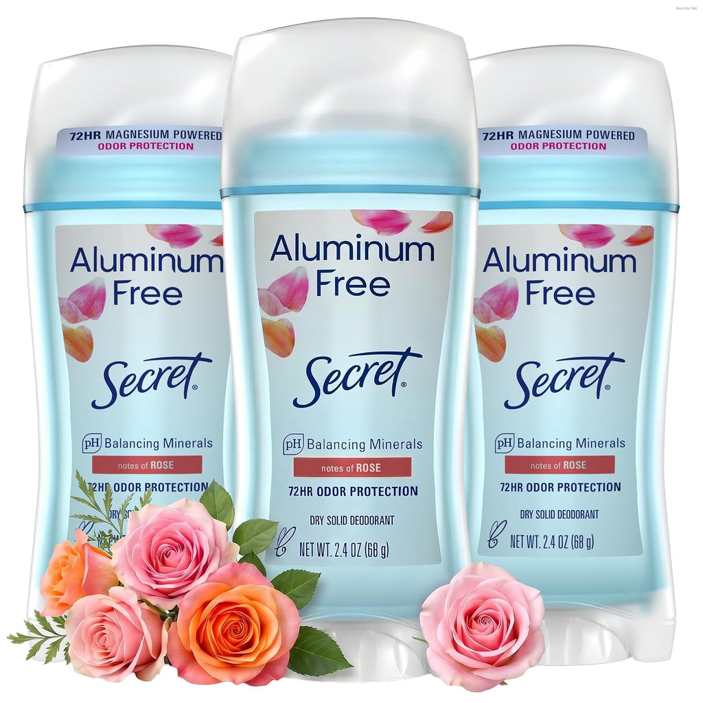 Secret Aluminum Free Deodorant for Women. 48hr Odor Protection. Free of Parabens Dyes Talc & Baking Soda. PH Balancing Minerals. Dry Solid. Rose Scent. 2.4 oz (Pack Of 3)