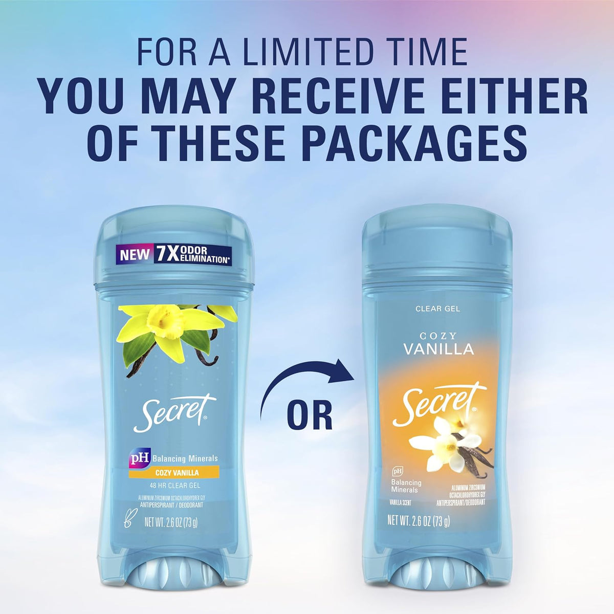 Secret Fresh Antiperspirant Deodorant for Women. 72hr Breathable Sweat & Odor Protection. Instant Freshness & Gentle. PH Balancing Minerals. Clear Gel. Cozy Vanilla Scent. 2.6 oz