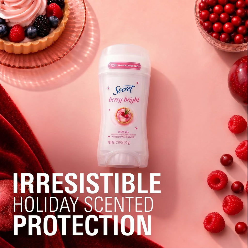 Secret Fresh Antiperspirant Deodorant for Women. 72hr Holiday Sweat & Odor Protection with Pro-Hyaluronic Acid. Clear Gel. PH Balancing Minerals. Berry Bright Scent. 2.6 oz