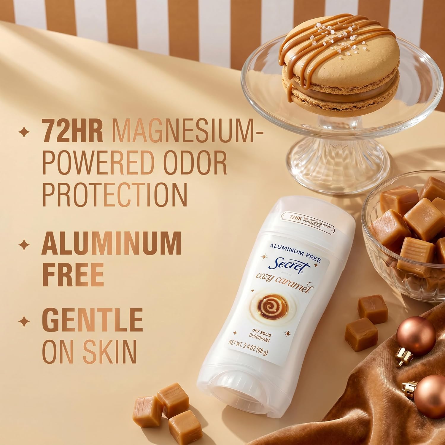 Secret Aluminum Free Deodorant for Women. 72hr Magnesium Odor Protection with Pro-Hyaluronic Acid. PH Balancing Minerals. Holiday Dry Solid. Cozy Caramel Scent. 2.4 oz
