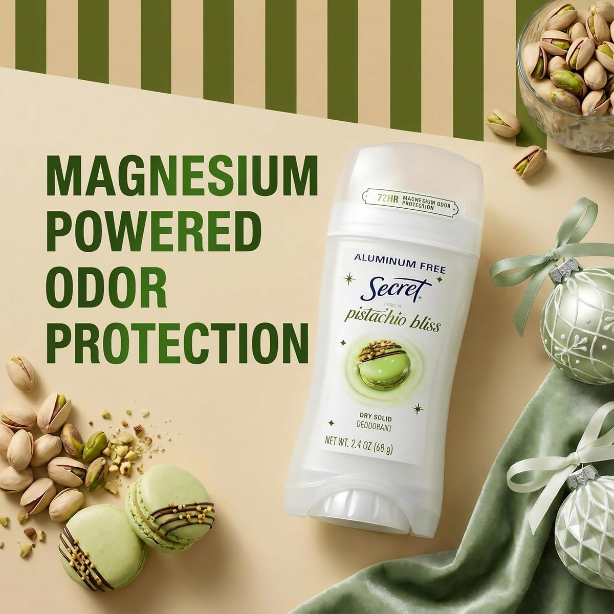 Secret Aluminum Free Deodorant for Women. 72hr Magnesium Odor Protection with Pro-Hyaluronic Acid. PH Balancing Minerals. Holiday Dry Solid. Pistachio Bliss Scent. 2.4 oz