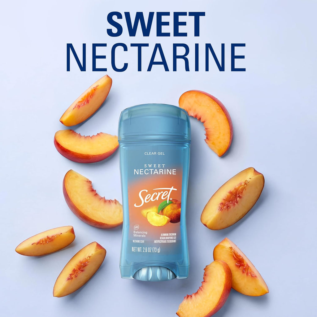 Secret Fresh Antiperspirant Deodorant for Women. 72hr Breathable Sweat & Odor Protection. Instant Freshness & Gentle. PH Balancing Minerals. Clear Gel. Sweet Nectarine Scent. 2.6 oz