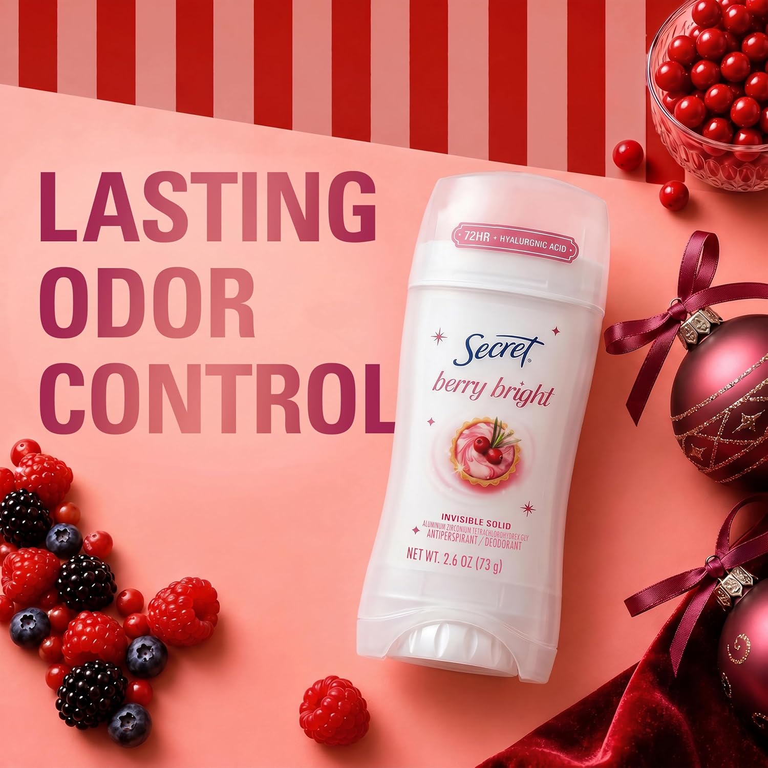 Secret Fresh Antiperspirant Deodorant for Women. Berry Bright Scent. 2.6oz | 72 Hour Holiday Sweat & Odor Protection with Pro-Hyaluronic Acid. Limited Edition Invisible Solid. pH Balancing Minerals