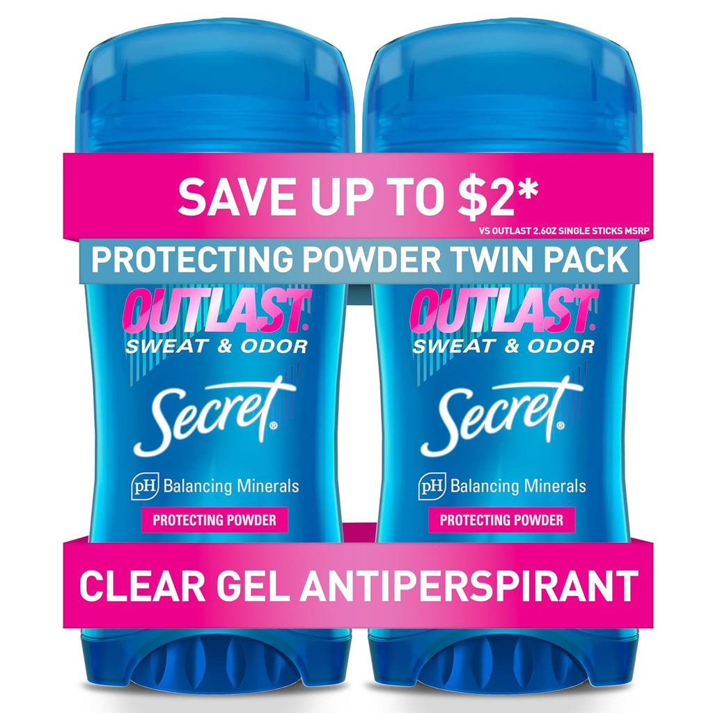 Secret Outlast Antiperspirant Deodorant for Women. 72hr Sweat & Odor Protection. PH Balancing Minerals. Clear Gel. Protecting Powder Scent. 2.6 oz (Pack of 2)