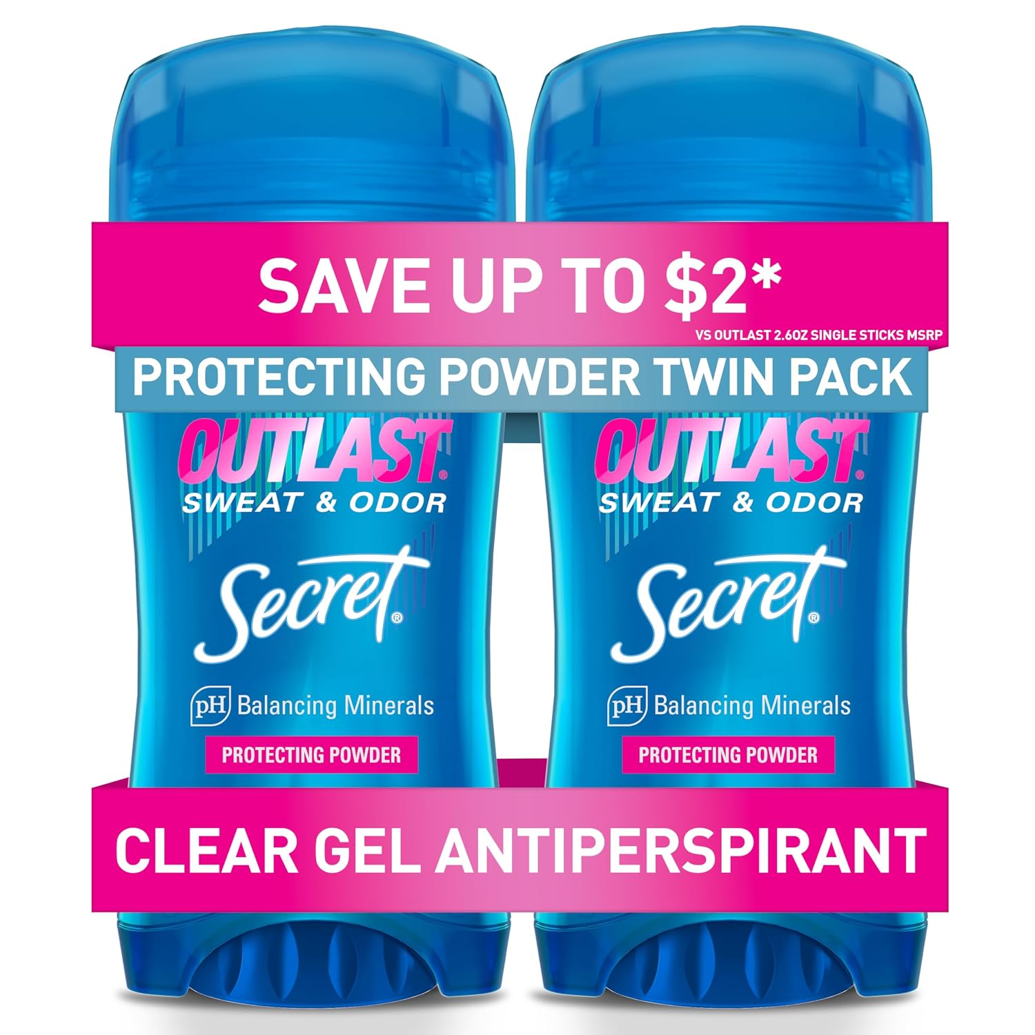 Secret Outlast Antiperspirant Deodorant for Women. 72hr Sweat & Odor Protection. PH Balancing Minerals. Clear Gel. Protecting Powder Scent. 2.6 oz (Pack of 2)